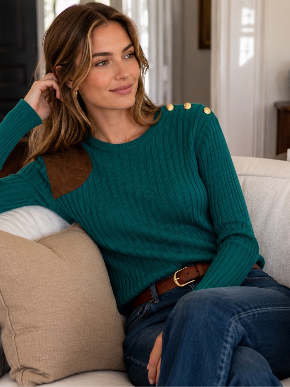 Lauren Ralph Lauren Teal Ribbed Cotton Blend Sweater Gold Buttons Medium - Picture 3 of 8